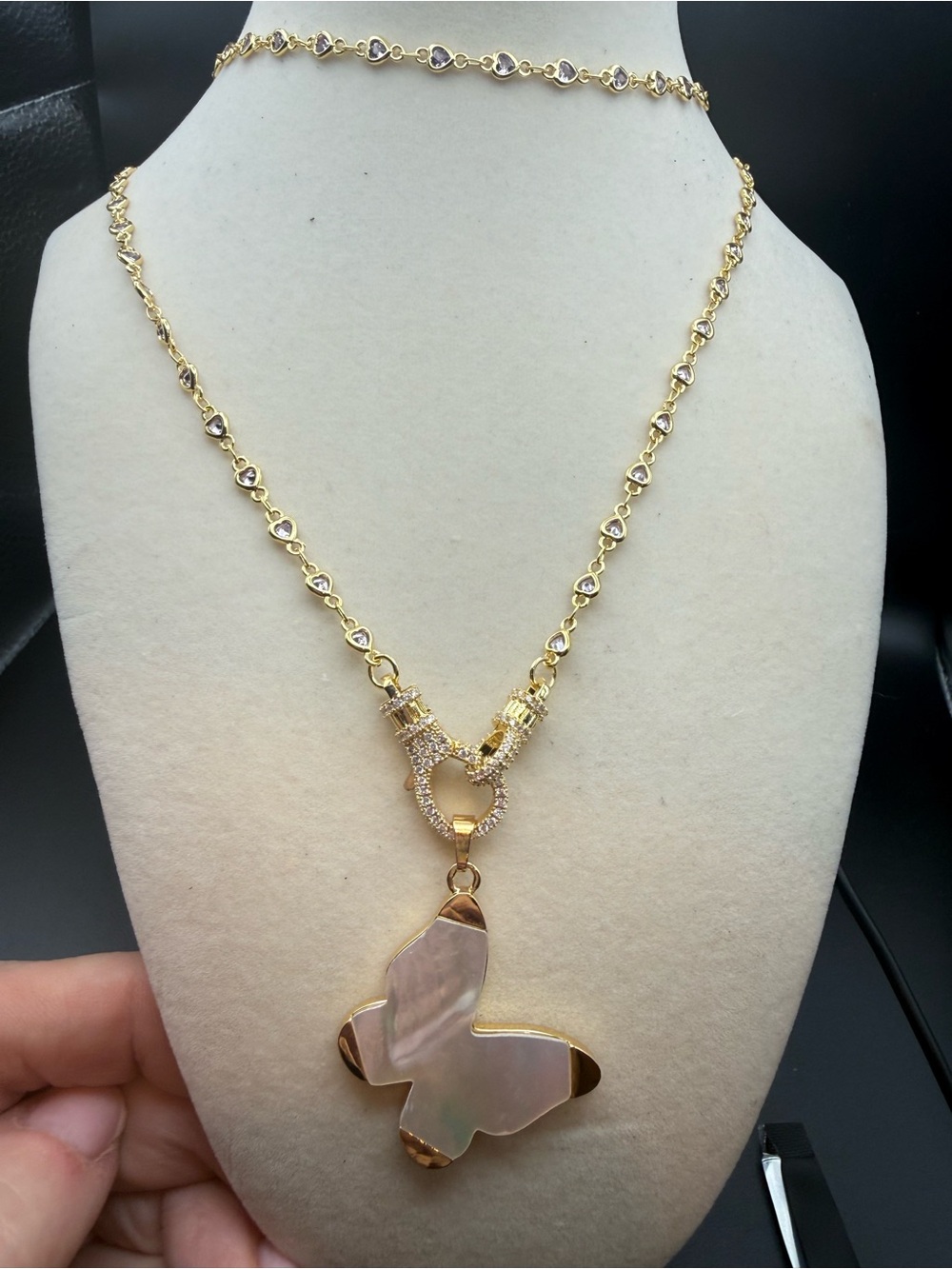 Adina Eden Gold and Heart crystals with Mop butterfly charm